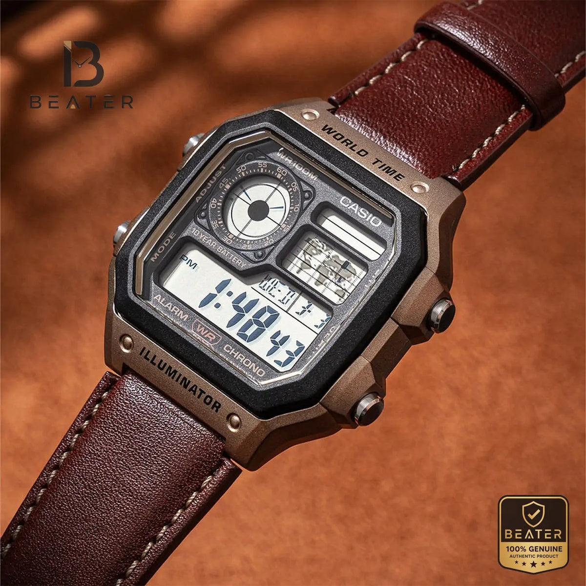 CASIO AE-1200WHL-5AVDF Men's Digital Watch with Brown Leather Strap Front View - Beater Main image