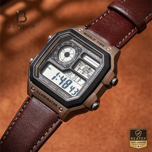 CASIO AE-1200WHL-5AVDF Men's Digital Watch with Brown Leather Strap Front View - Beater