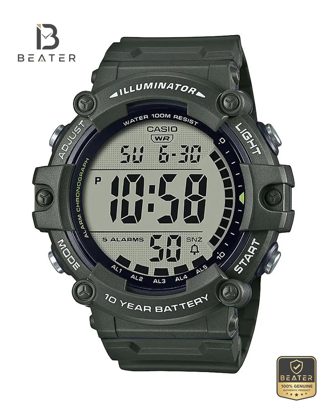 CASIO AE-1500WHX-3AVDF Men's Digital Resin Strap Watch Front Dial View - Beater