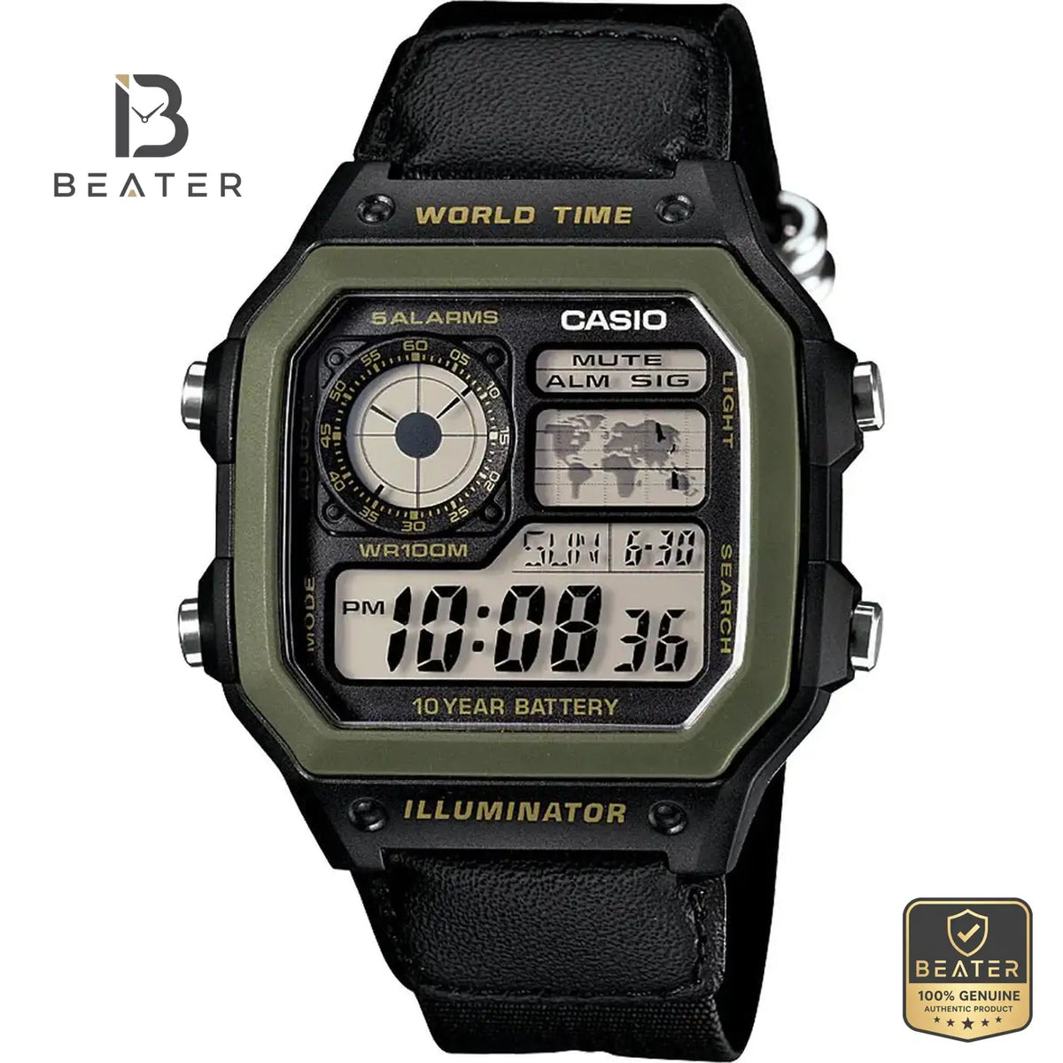 CASIO AE1200WHB-1B Men's Black Digital Case and Bezel Profile - Beater