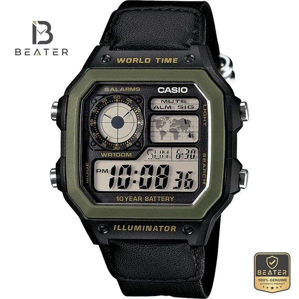 CASIO AE1200WHB-1B Men's Black Digital Case and Bezel Profile - Beater