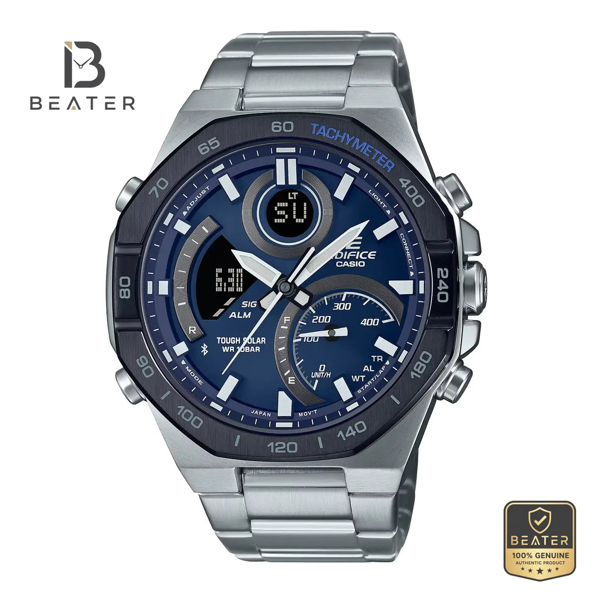 CASIO EDIFICE ECB-950DB-2A Men's Stainless Steel Watch Front Dial View - Beater