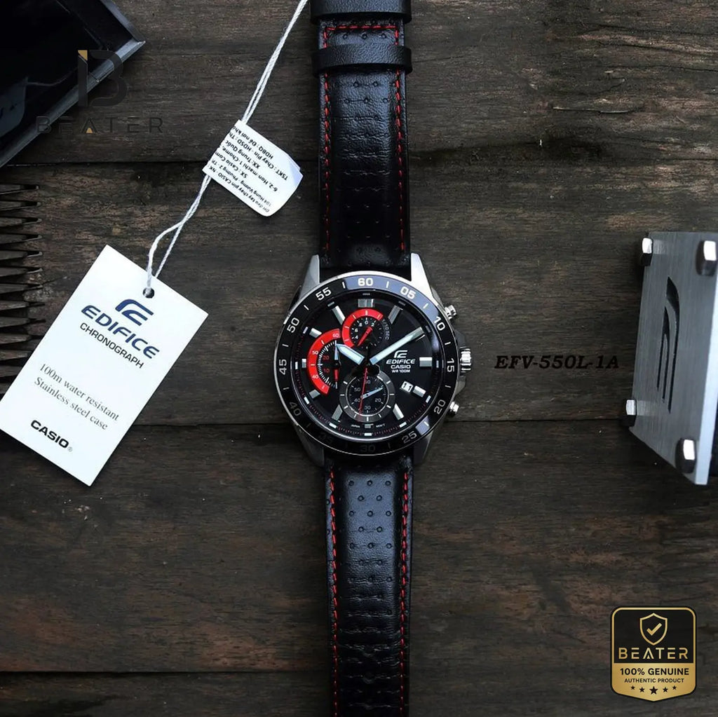CASIO EDIFICE EFV-550L-1AVUDF Genuine Leather Strap & Clasp Detail - Beater