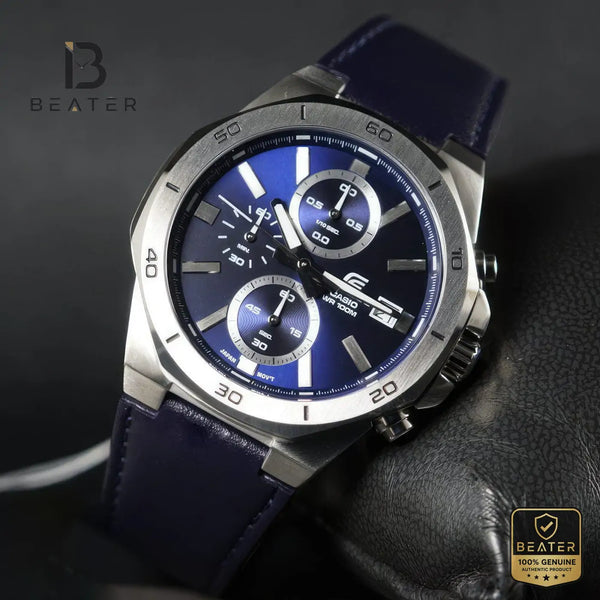 Casio Edifice EFV-640L-2AVUDF Men's Blue Leather Strap Watch Front Dial View - Beater