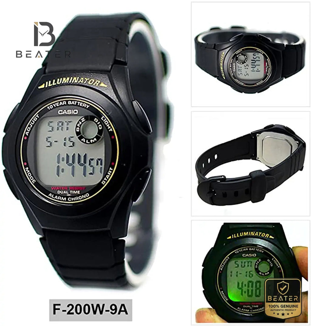 CASIO F-200W-9AUDF Men's Digital Watch Side Angle View - Beater