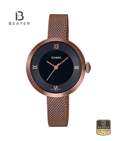 Casio LTP-E154MR-1ADF Women's Rose Gold Stainless Steel Mesh Band Watch Front Dial View - Beater