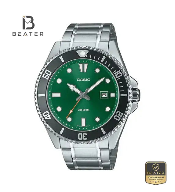 CASIO MDV-107D-3A2 Men's 200M Diver Watch Stainless Steel Bracelet Front Dial View - Beater Main image