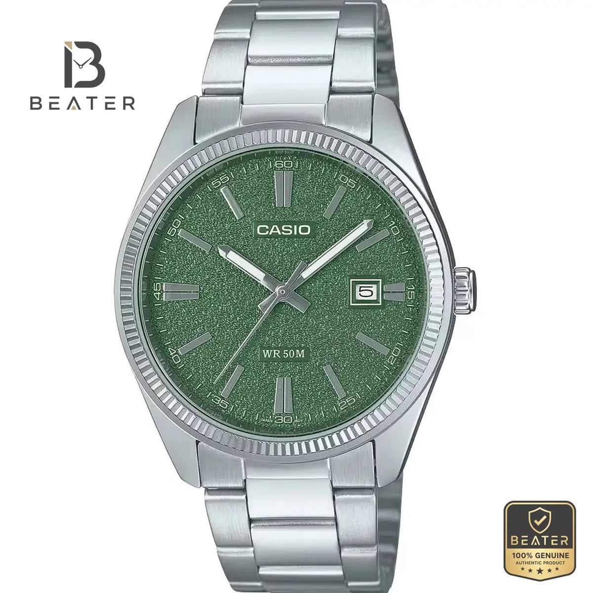 Casio MTP-1302DA-3A Men's Green Dial Stainless Steel Bracelet Watch Front View - Beater Main image