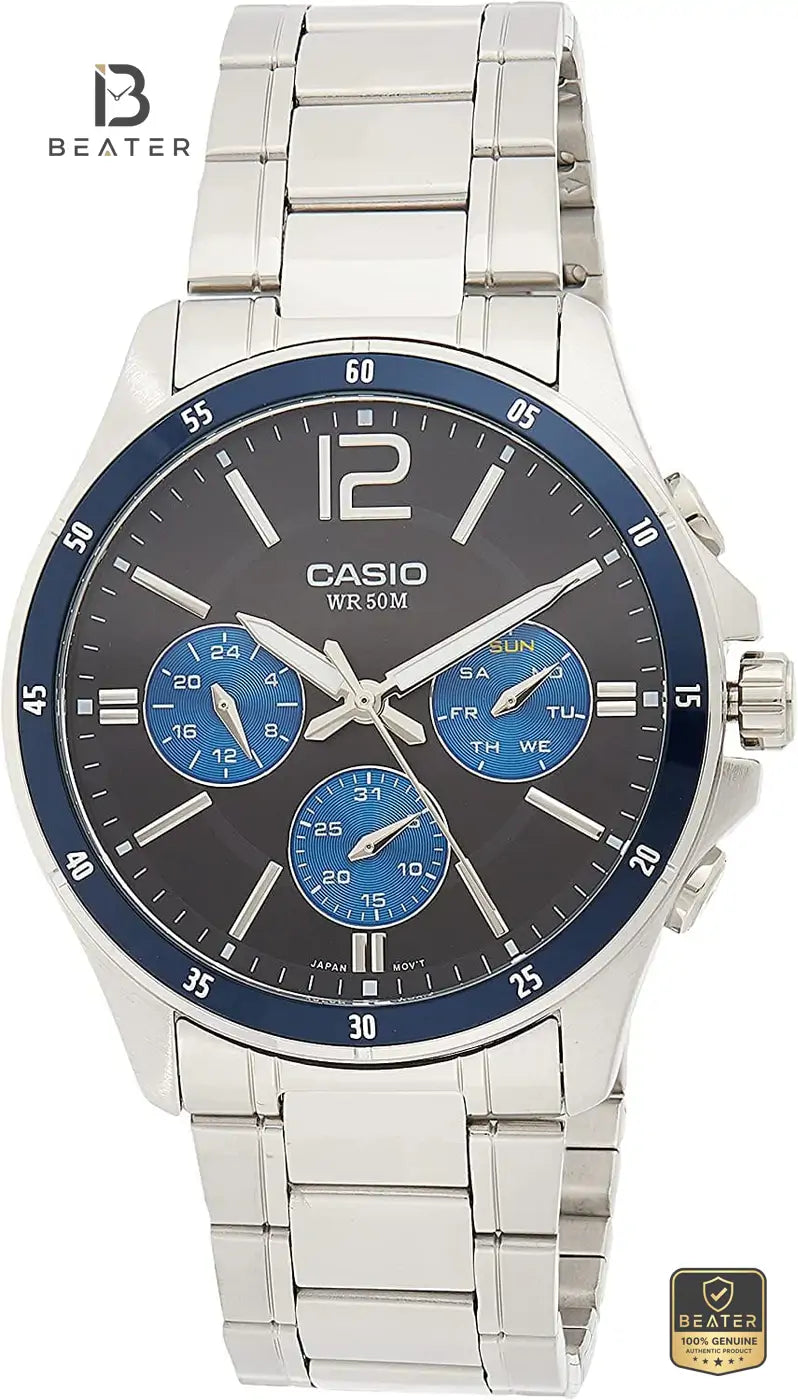 Casio MTP-1374D-2A3 Men's Blue Dial Stainless Steel Bracelet Watch Front Dial View - Beater
