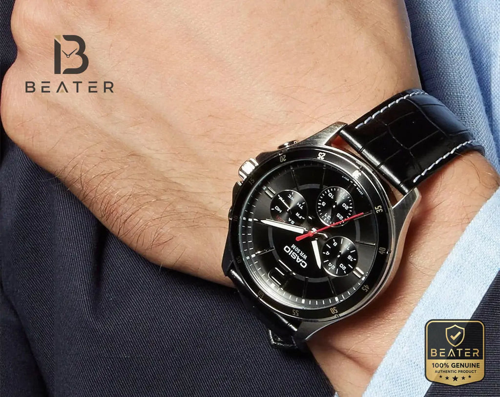 CASIO MTP-1374L-1A Men's Watch Side Angle View - Beater