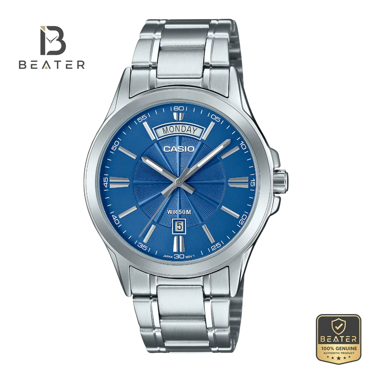 Casio MTP-1381D-2A Men's Deep Blue Dial Stainless Steel Bracelet Watch Front Dial View - Beater Main image