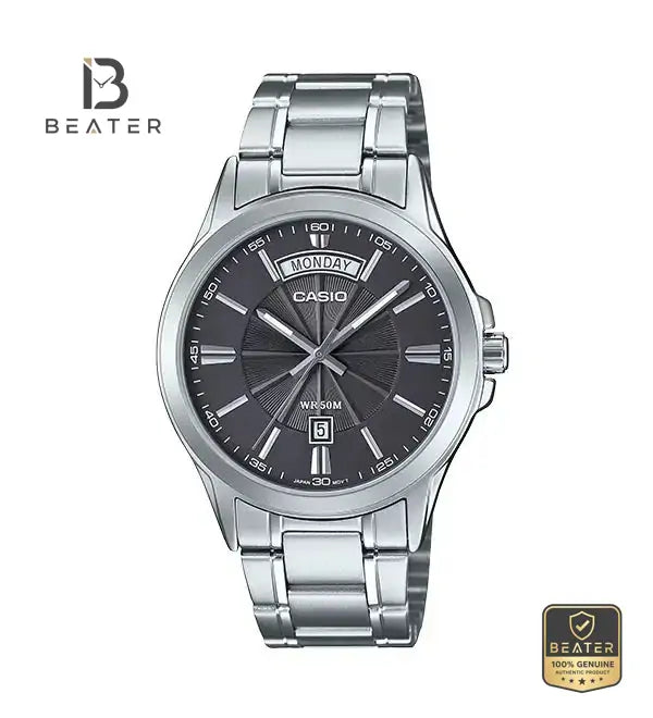 Casio MTP-1381D-8A Men's Slate Grey Dial Stainless Steel Bracelet Watch Front Dial View - Beater