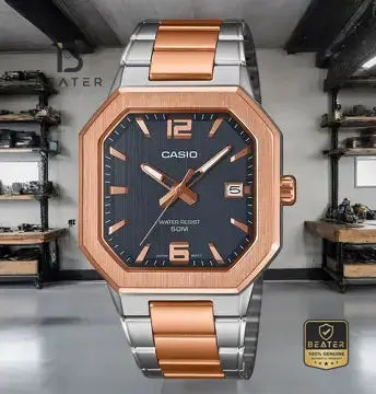 CASIO MTP-B195RG-2A Men's Rose Gold Accent Metal Bracelet Watch Front Dial View - Beater