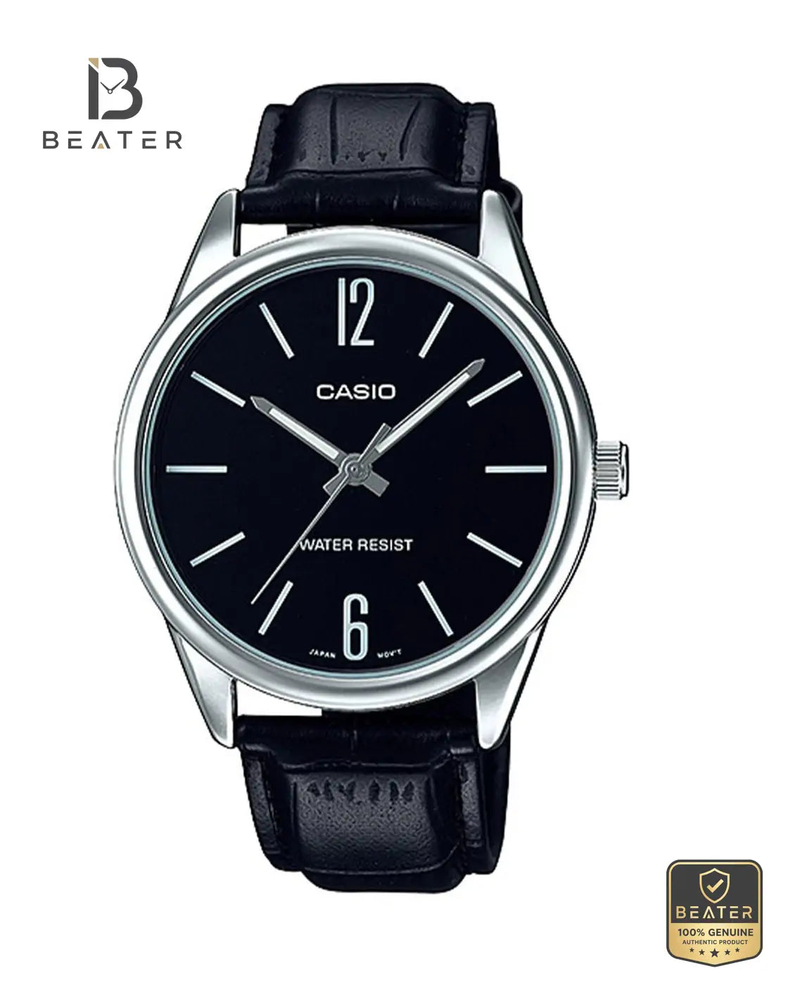 CASIO MTP-V005L-1BUDF Men's Black Dial Leather Band Watch Front Dial View - Beater