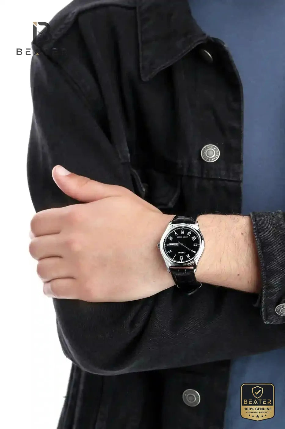 Casio MTP-V006L-1B Men's Leather Strap Watch Wrist Profile - Beater