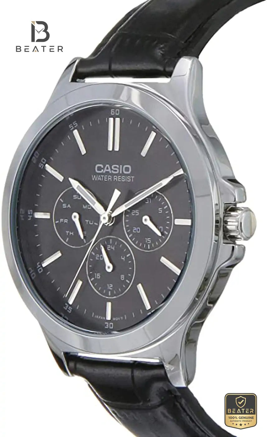 CASIO MTP-V300L-1AUDF Black Leather Strap and Clasp Detail - Beater
