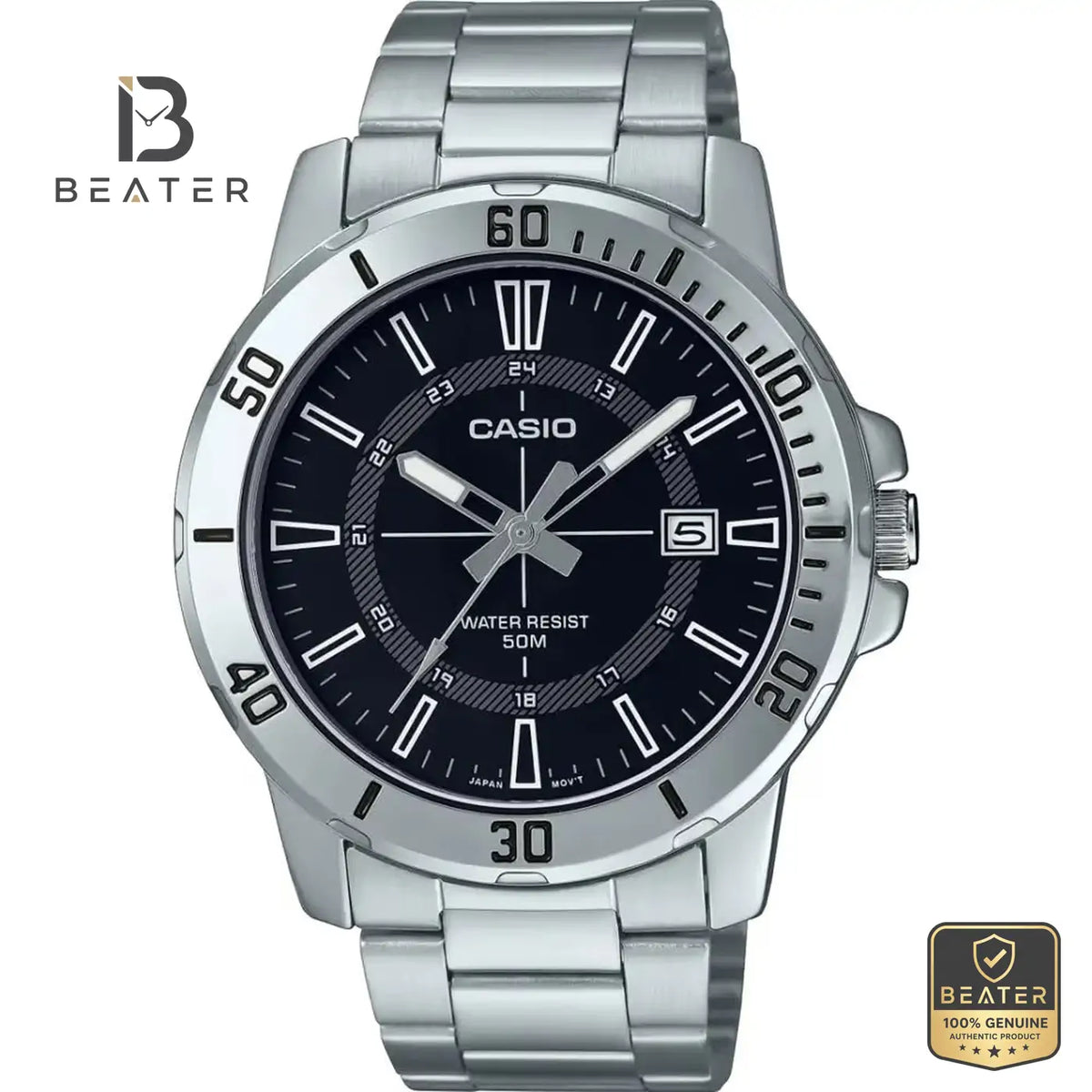 CASIO MTP-VD01D-1C Men's Black Dial Stainless Steel Bracelet Watch Front Dial View - Beater