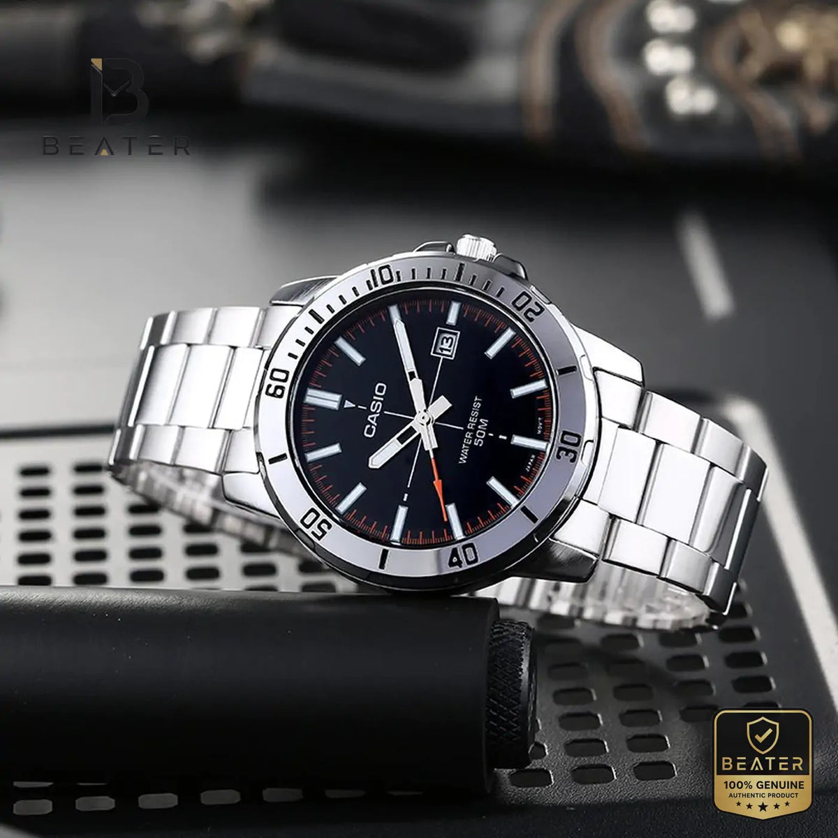 CASIO MTP-VD01D-1E2V Men's Black Dial Watch Front View - Beater