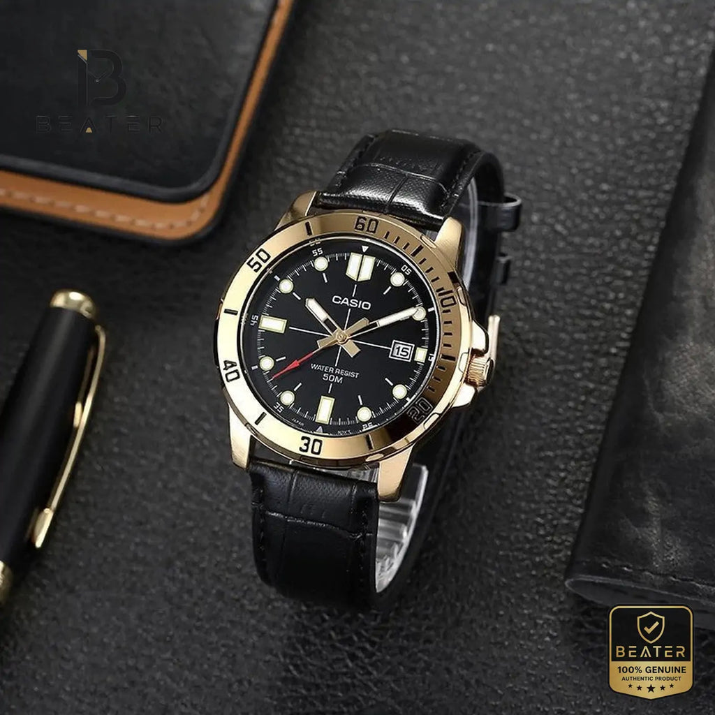 CASIO MTP-VD01GL-1EVUDF Men's Leather Band Angle View - Beater