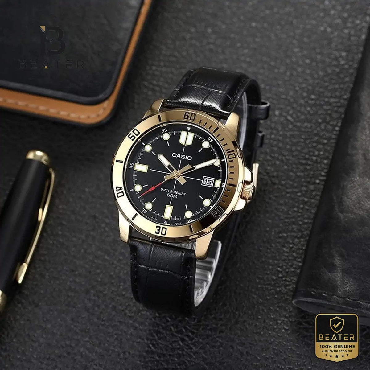 CASIO MTP-VD01GL-1EVUDF Men's Leather Band Angle View - Beater