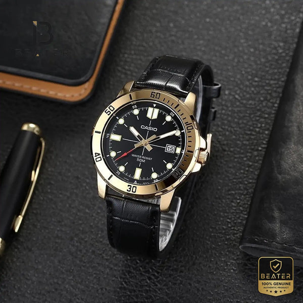 CASIO MTP-VD01GL-1EVUDF Men's Leather Band Angle View - Beater