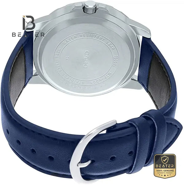 Casio MTP-VD01L-2B Men's Blue Dial Leather Strap Wrist Profile - Beater