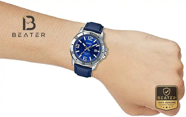 Casio MTP-VD01L-2B Men's Watch Side Angle View - Beater