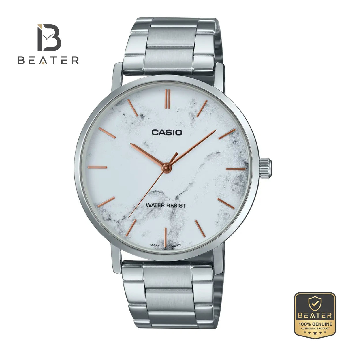 Casio MTP-VT01DM-7A Men's Silver Dial Stainless Steel Mesh Bracelet Watch Front Dial View - Beater