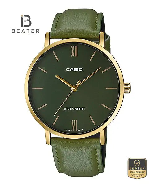 CASIO MTP-VT01GL-3B Men's Gold Tone Leather Strap Watch Front Dial View - Beater Main image