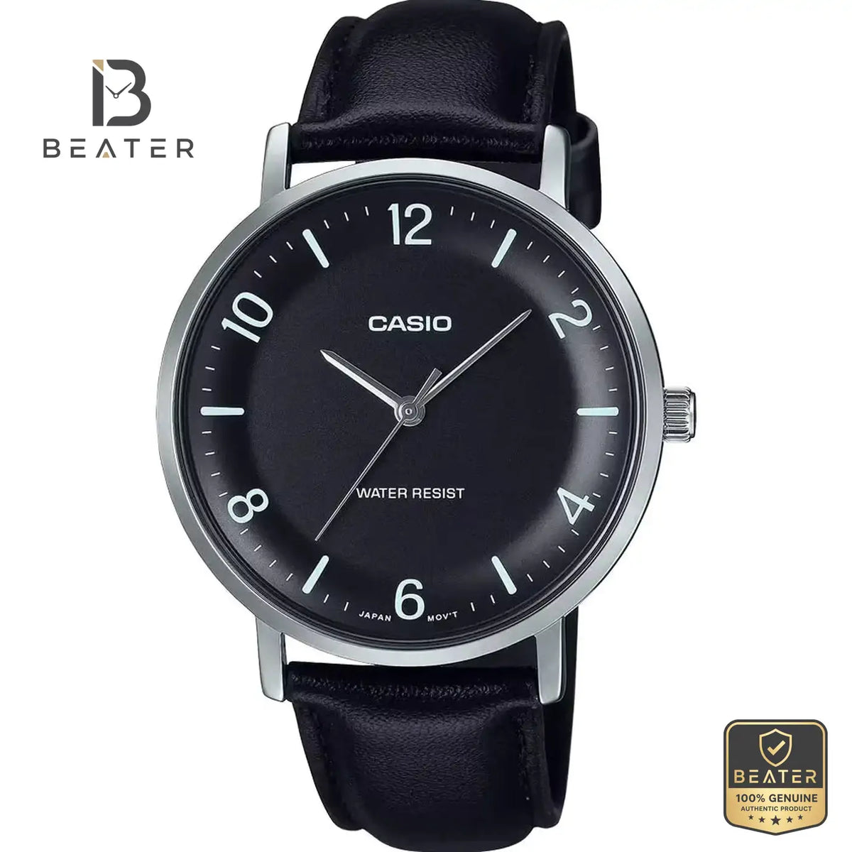 Casio MTP-VT03L-1B Men's Black Dial Leather Strap Watch Front Dial View - Beater