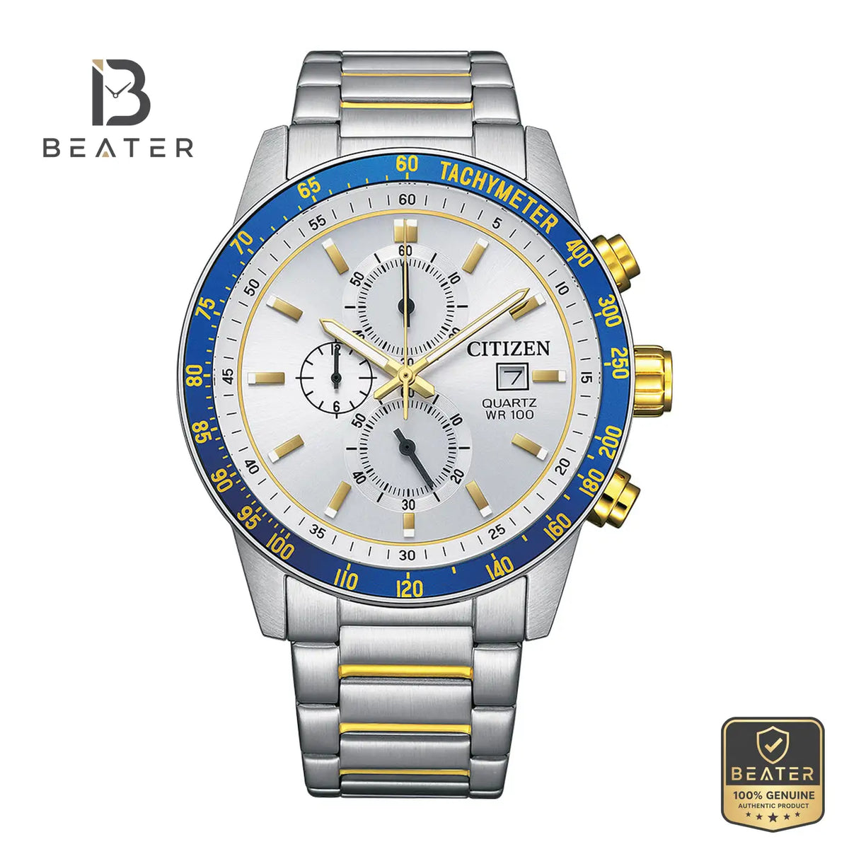 Citizen AN3686-53A Men's White Dial Chronograph Stainless Steel Bracelet Watch Front Dial View - Beater