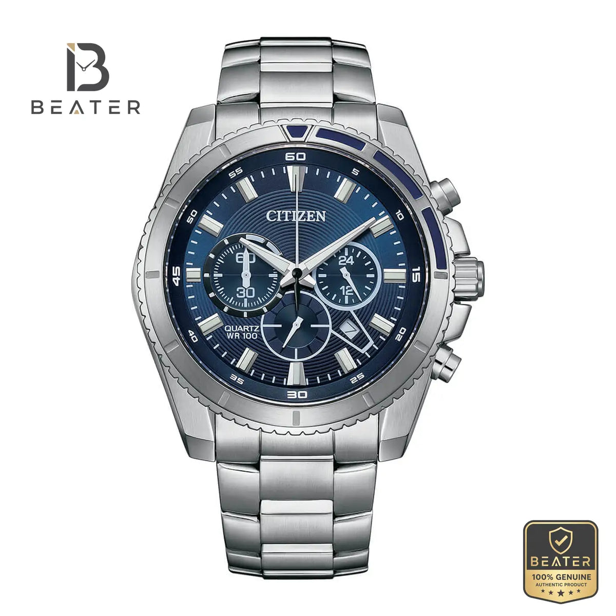 Citizen AN8201-57L Men's Dark Blue Dial Stainless Steel Bracelet Chronograph Watch Front View - Beater