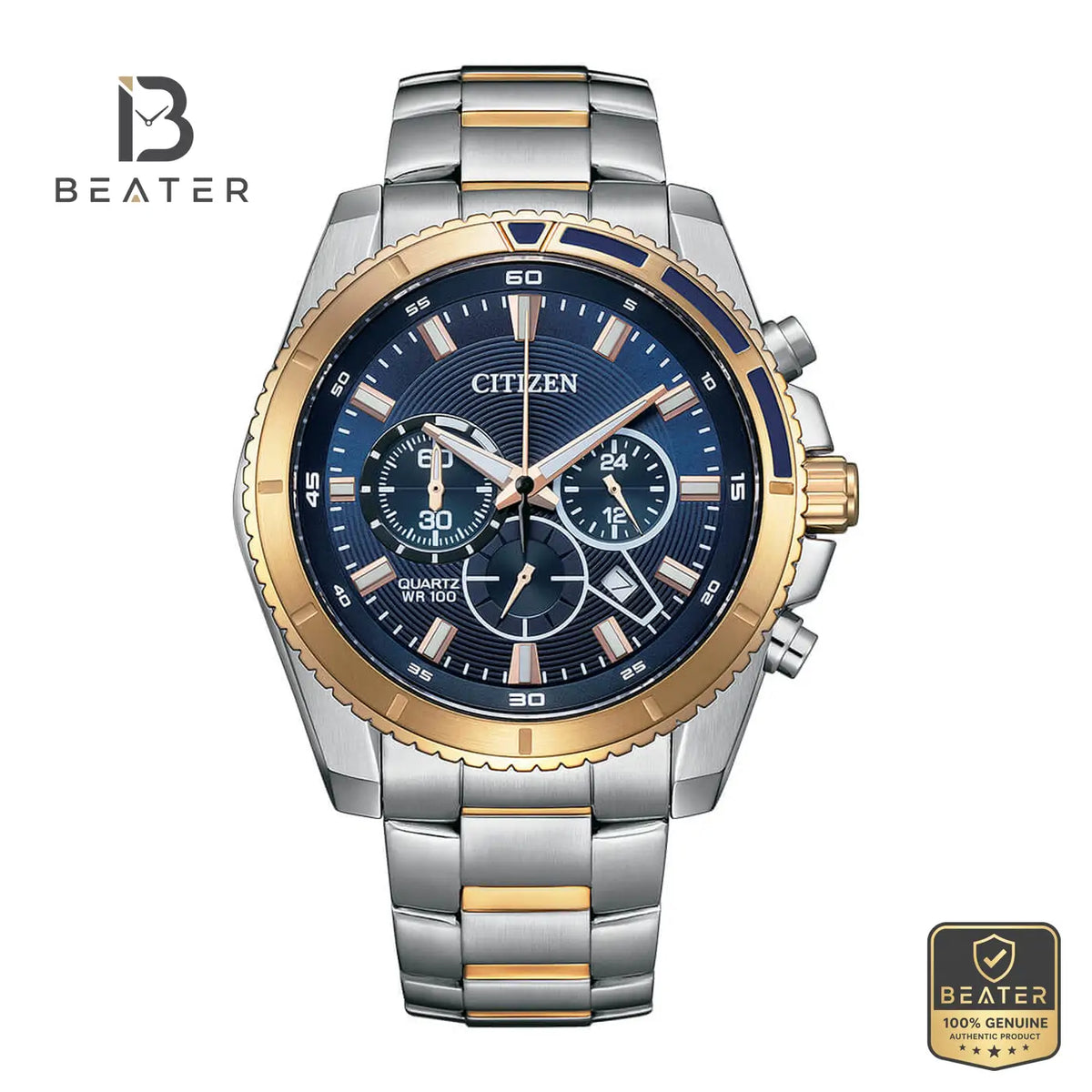 Citizen AN8206-53L Men's Dark Blue Dial Two-Tone Stainless Steel Bracelet Watch Front View - Beater