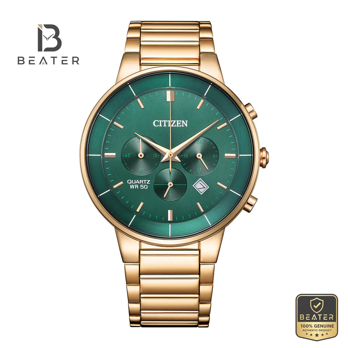 CITIZEN AN8223-54X Men's Green Dial Rose Gold Stainless Steel Bracelet Watch Front Dial View - Beater