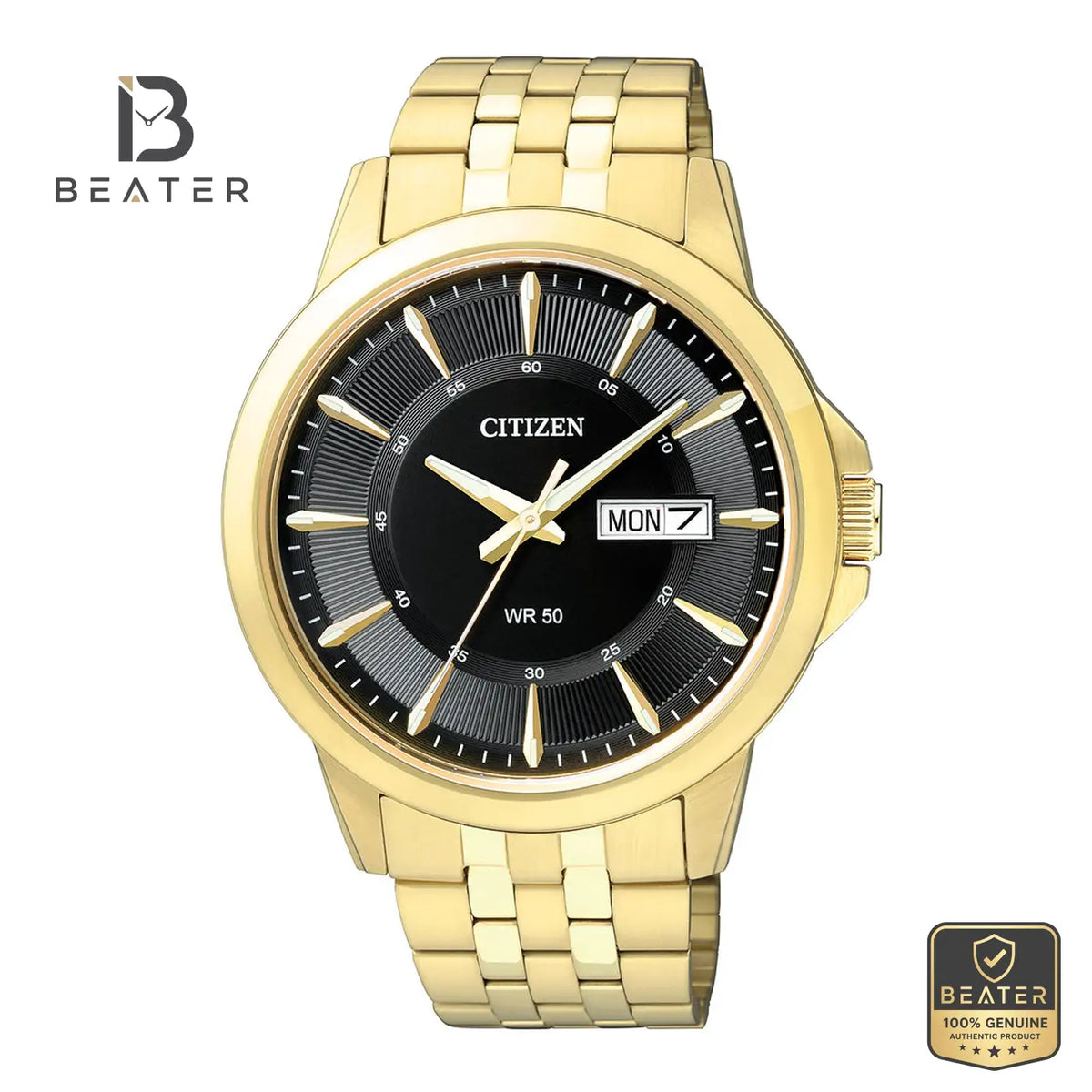 Citizen BF2013-56E Men's Black Dial Gold Tone Bracelet Watch Front Dial View - Beater