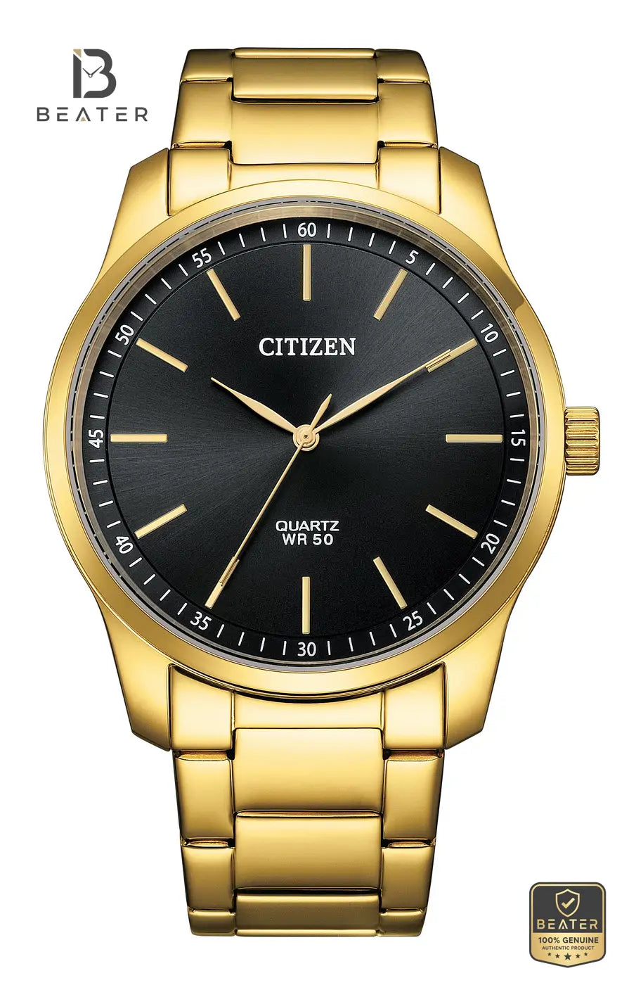 CITIZEN BH5002-53E Men's Black Dial Gold Stainless Steel Bracelet Watch Front Dial View - Beater