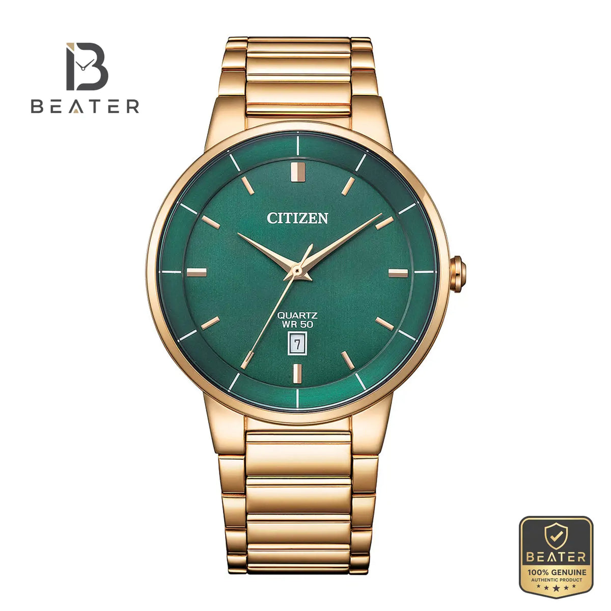 Citizen BI5123-52X Men's Green Dial Rose Gold Stainless Steel Bracelet Watch Front Dial View - Beater Main image