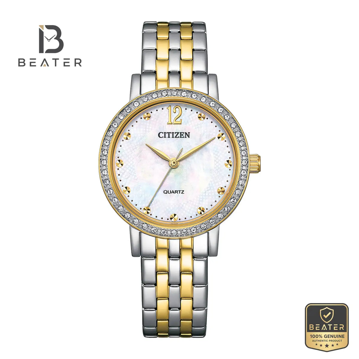 Citizen EL3104-54D Women's White MOP Dial Stainless Steel Bracelet Watch Front View - Beater Main image