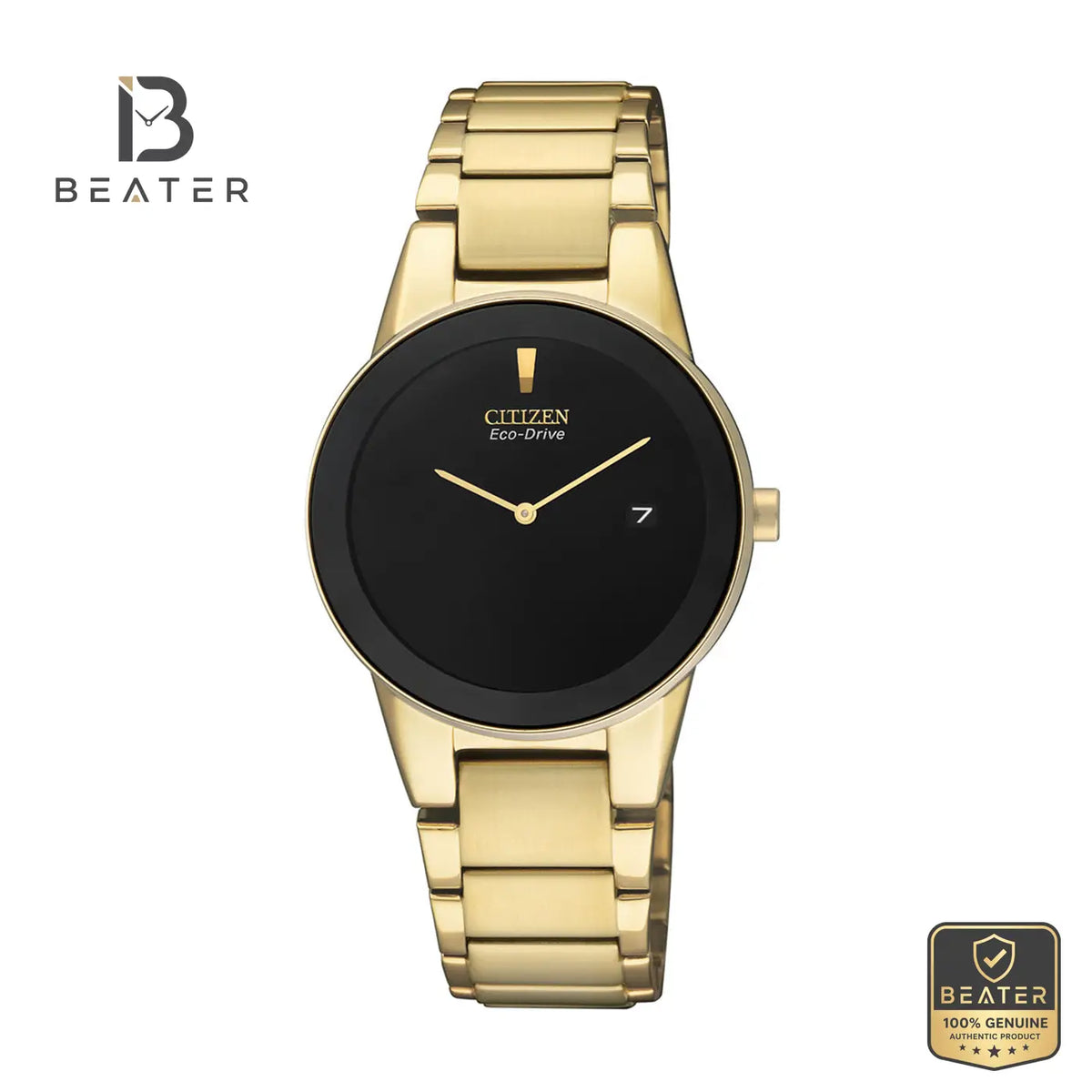 Citizen GA1052-55E Women's Black Dial Gold Plated Stainless Steel Bracelet Watch Front Dial View - Beater