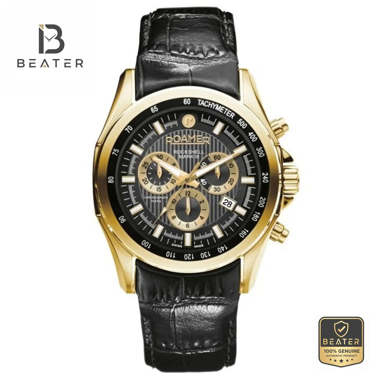Roamer 220837-48-55-02 Men's Black Dial Leather Strap Watch Front View - Beater