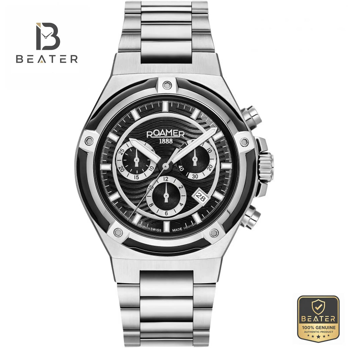 Roamer 221837-41-55-20 Men's black dial metal bracelet watch front view - Beater Main image