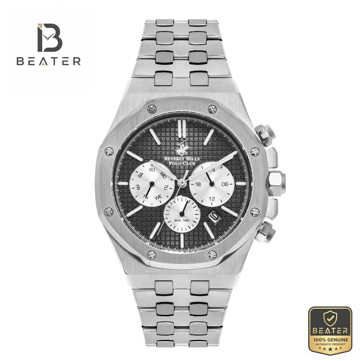Beverly Hills Polo Club BP3051X.350 Men's Black Dial Stainless Steel Bracelet Watch Front View - Beater