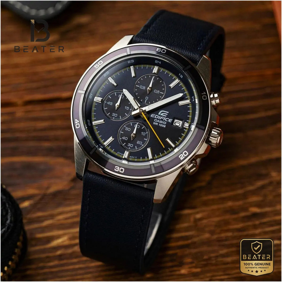 CASIO EDIFICE EFR-526L-2CVUDF Men's Leather Strap Watch Front Dial View - Beater