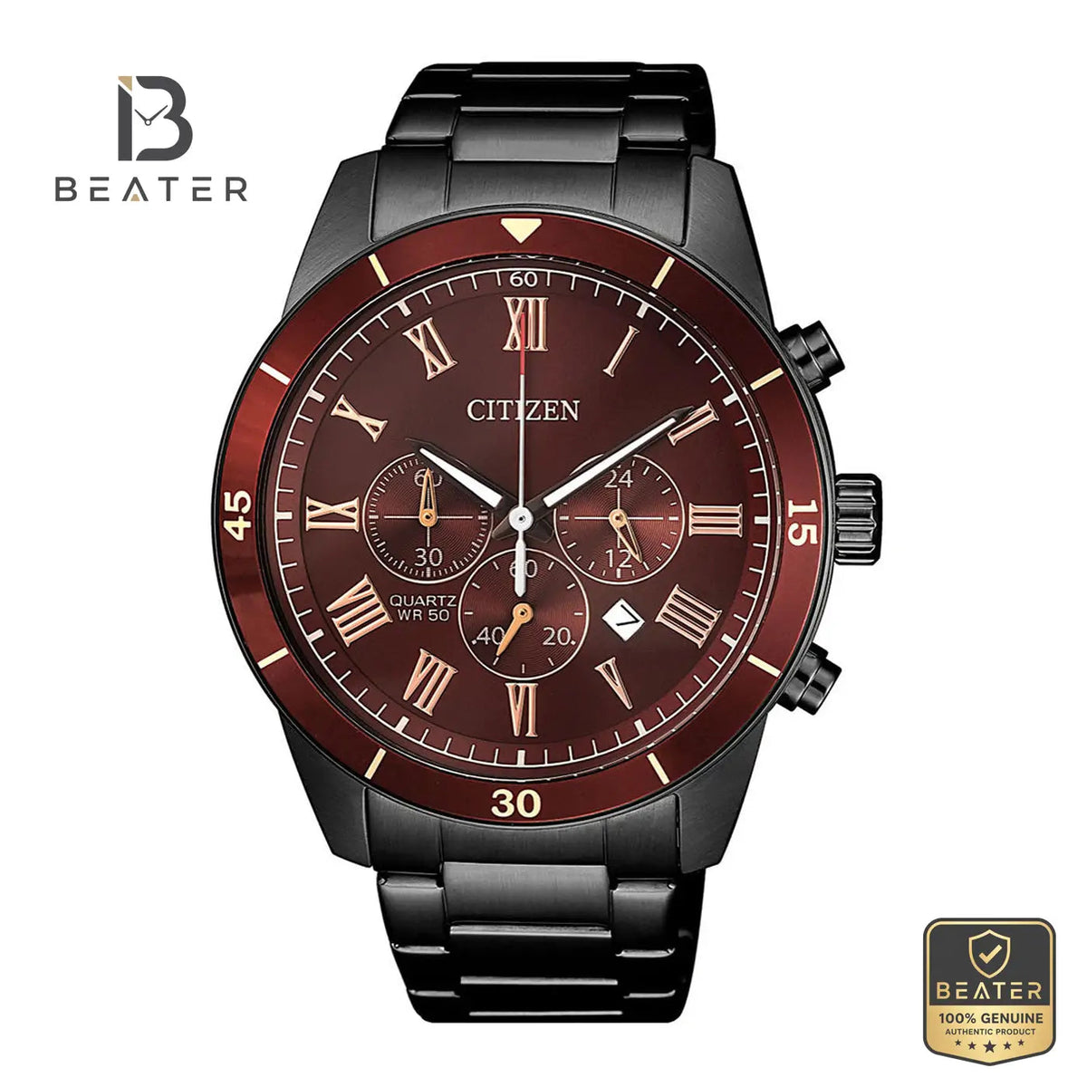 CITIZEN AN8167-53X Men's Maroon Dial Stainless Steel Bracelet Watch Front Dial View - Beater