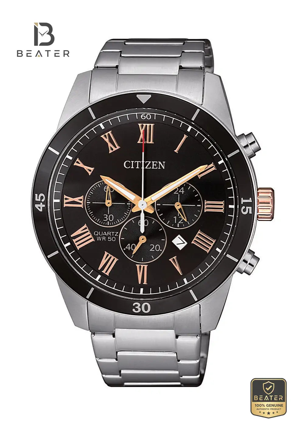 Citizen AN8168-51H Men's Black Dial Chronograph Stainless Steel Bracelet Watch Front Dial View - Beater Main image