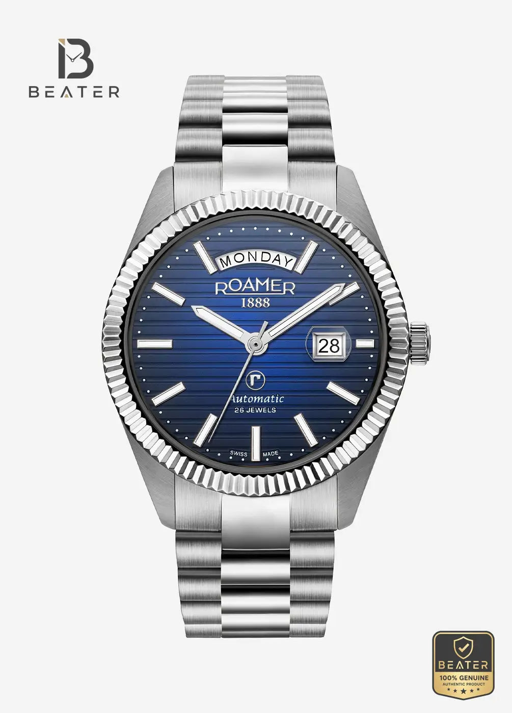 Roamer Primeline Daydate II 981666 41 45 50 Men's Dark Blue Dial Stainless Steel Bracelet Watch - Beater