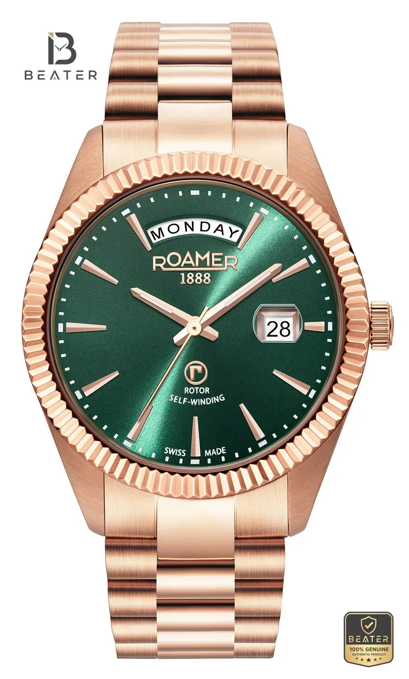 Roamer Primeline Daydate II 981666-46-75-50 Men's Green Dial Rose Gold Stainless Steel Bracelet Watch - Beater