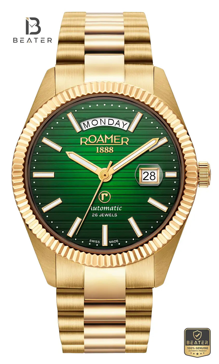 Roamer Primeline Daydate II Men's Green Dial Gold Stainless Steel Bracelet Watch - Beater Main image
