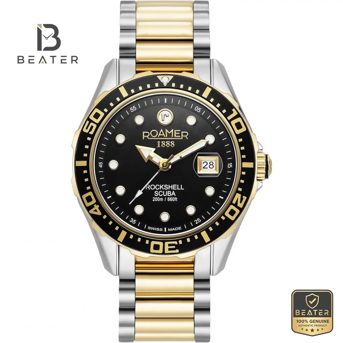 Roamer Rockshell Mark III 220858-47-85-50 Men's Black Dial Two-Tone Gold Bracelet Watch - Beater Main image