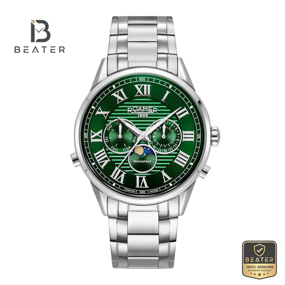 Roamer Superior Moonphase 513821 41 75 50 Men's Green Dial Stainless Steel Bracelet Watch - Beater